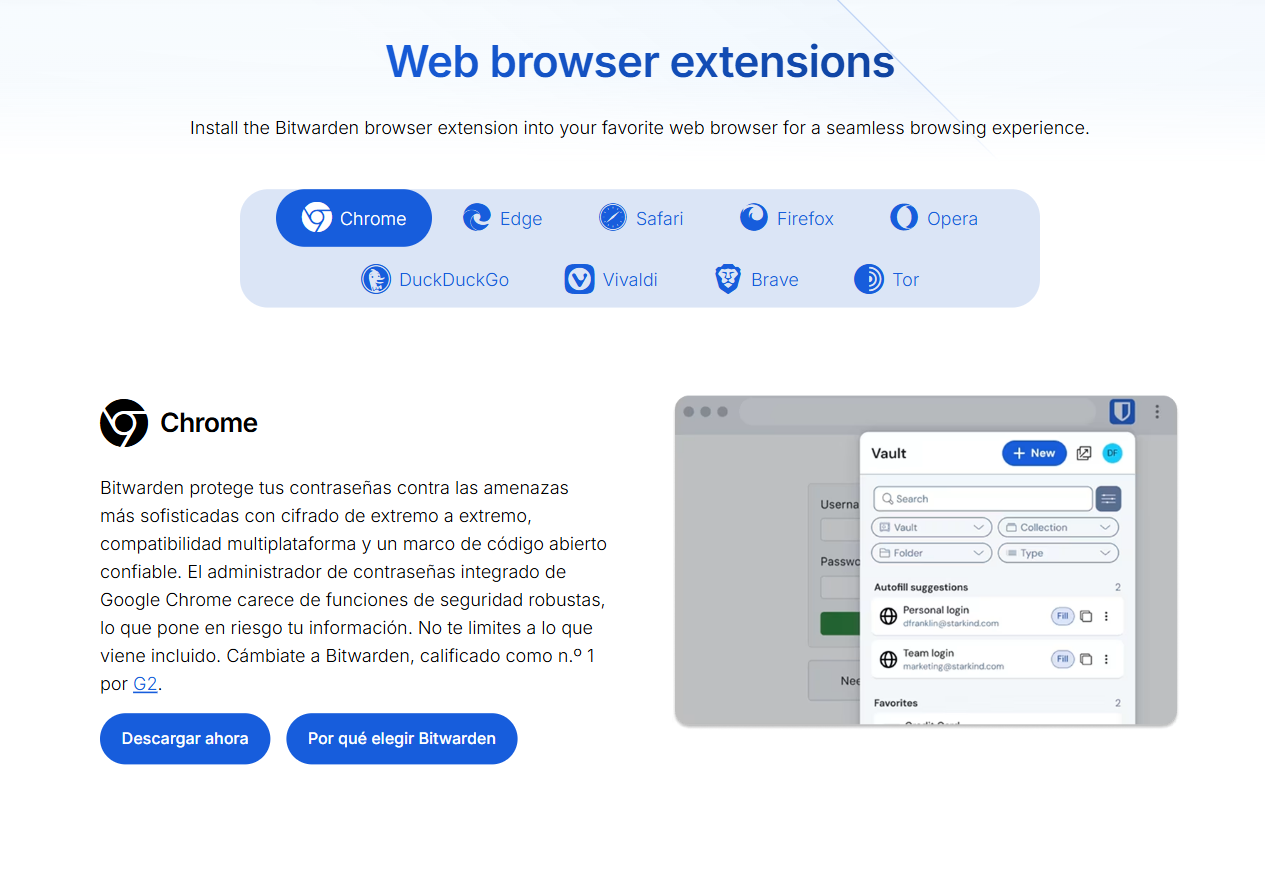 bitwarden.com/download, pestaña Web browser extensions con Chrome seleccionado y el botón Descargar ahora