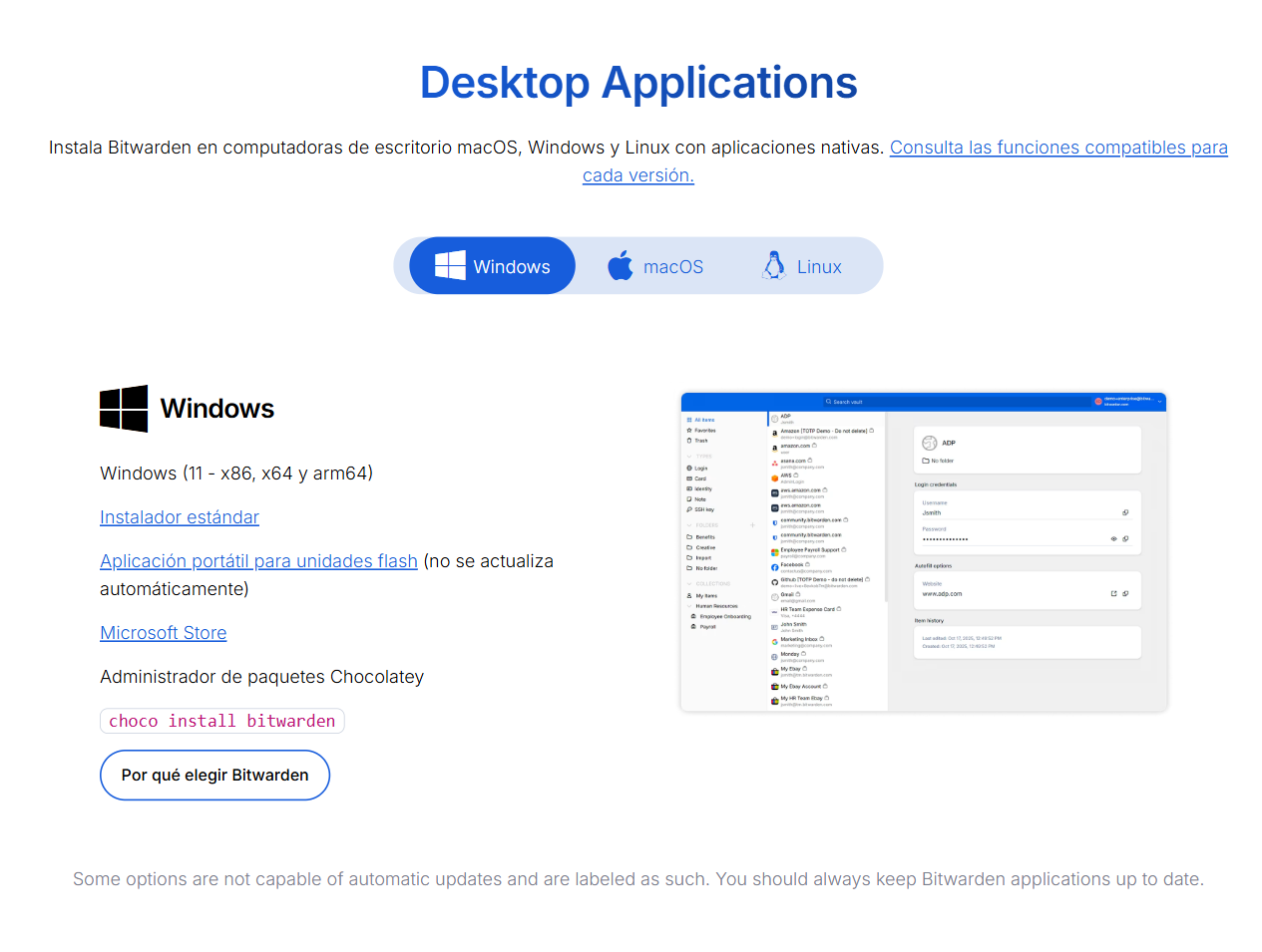 bitwarden.com/download, sección Desktop Applications con Windows seleccionado