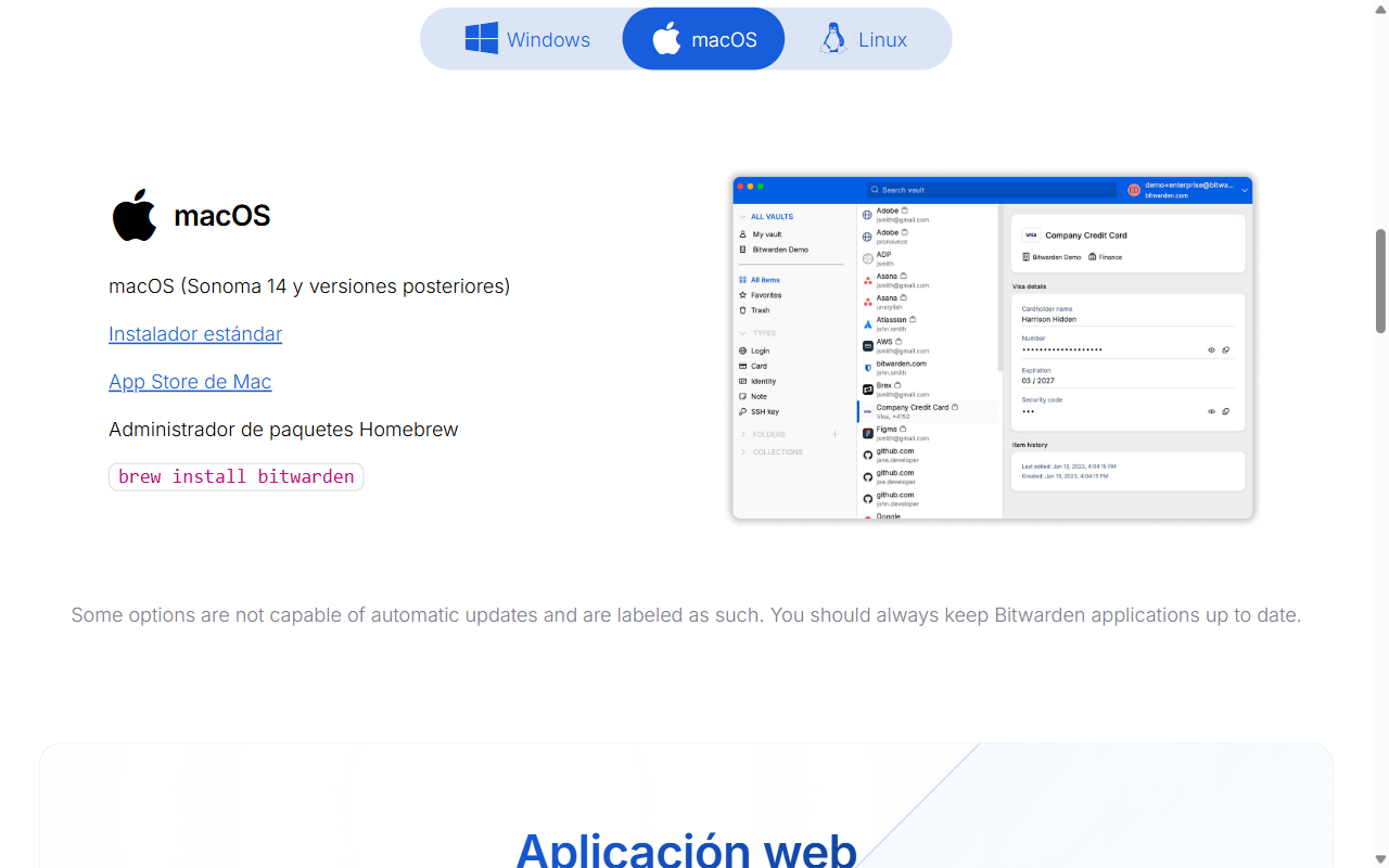 bitwarden.com/download, sección Desktop Applications con macOS seleccionado: Instalador estándar y App Store de Mac