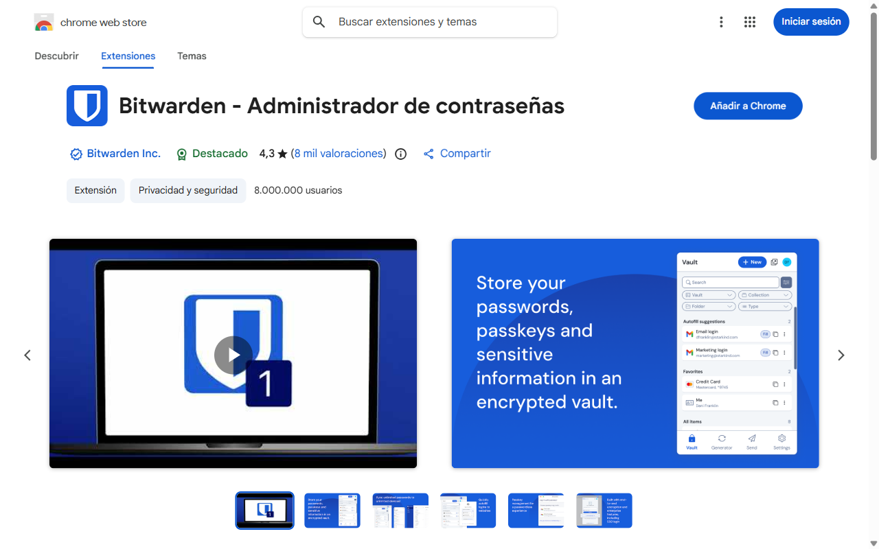 Página oficial de la extensión Bitwarden en la tienda de Chrome, autor Bitwarden Inc.