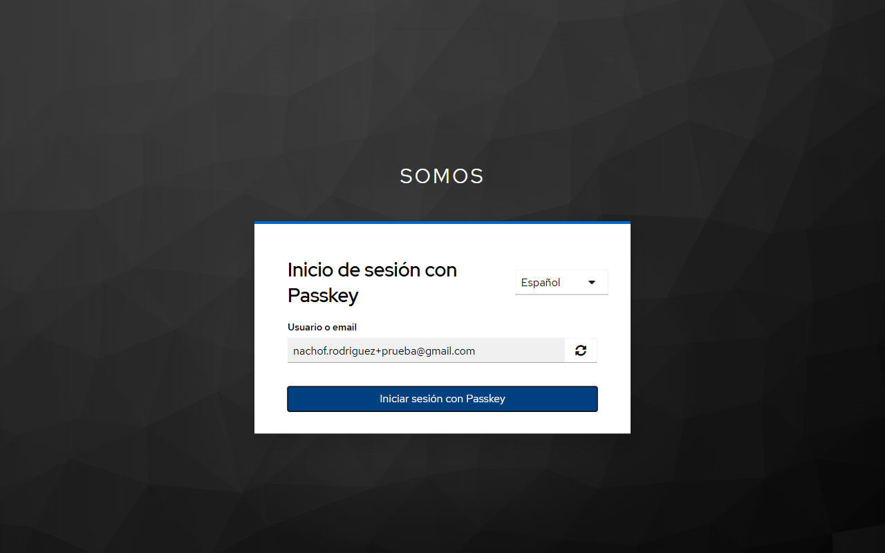 Pantalla Inicio de sesión con Passkey con el correo relleno y el botón Iniciar sesión con Passkey