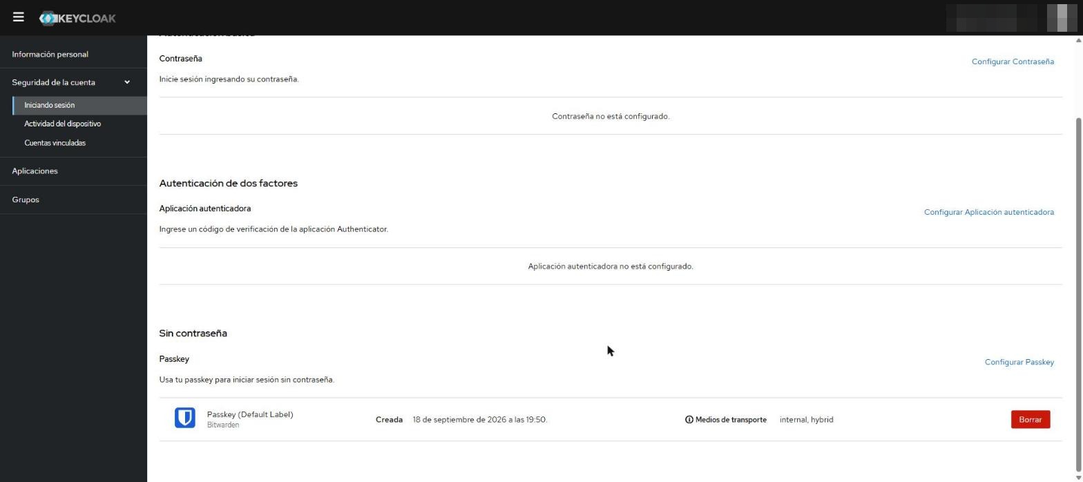 Lista de passkeys de la cuenta de SOMOS con una llave guardada en Bitwarden y su fecha de creación
